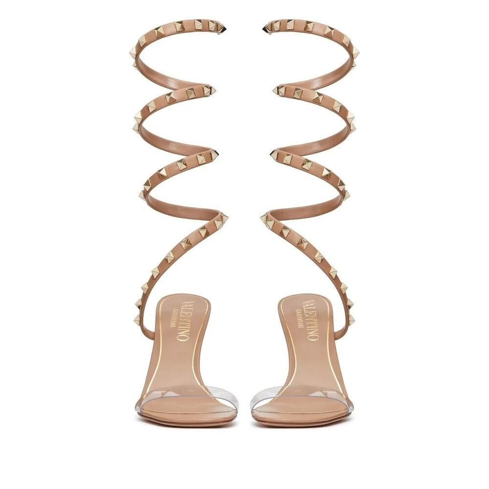 Valentino Garavani Rockstud PVC and leather wrap around heels sandals Nude 38 - Picture 5 of 8